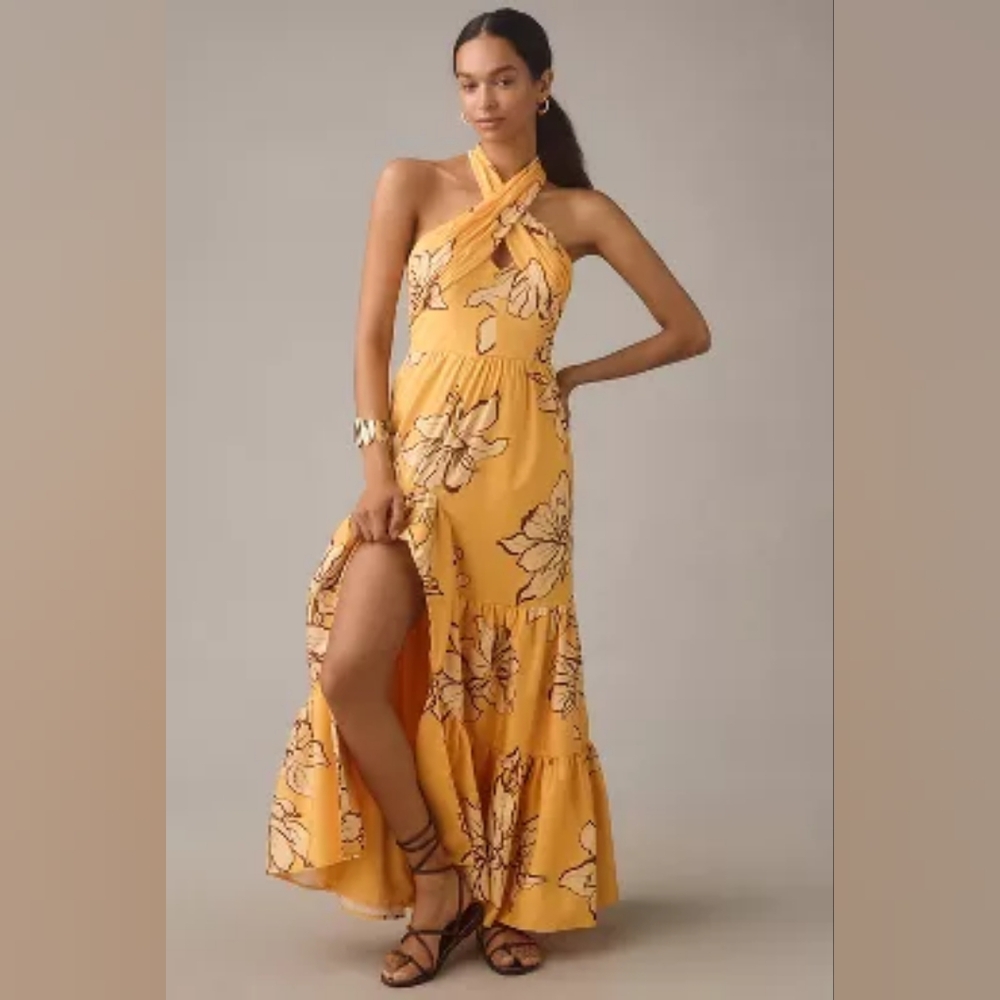 Anthropologie Yellow Floral Halter Maxi Dress